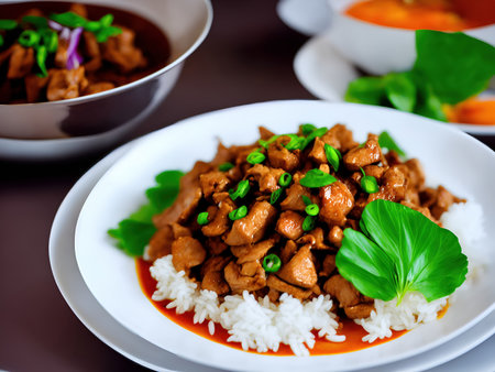 Thai food, Stir-fried pork in sweet and sour sauce with riceの写真素材