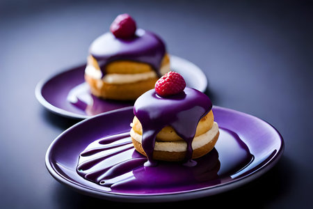 Delicious macaroons with fresh raspberries and chocolate sauce on black background