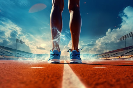 Strong legs of young runner running jogging in stadion generative aiの素材