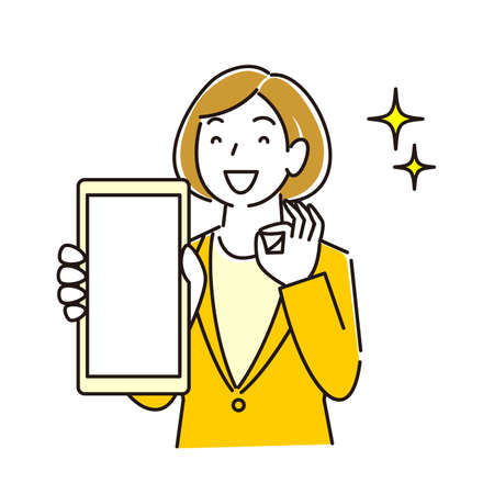 Woman in suit showing smartphone screen Smiling moderately simple illustration vector A woman in a suit showing the screen of her smartphone.のイラスト素材