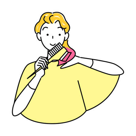Hair care self-colored comb with pink hair tip cute woman illustration simple vector
Hair Care. Self Color A pretty woman dyes the ends of her hair pink using a comb-applied hair color. Simple illustration. vector.のイラスト素材