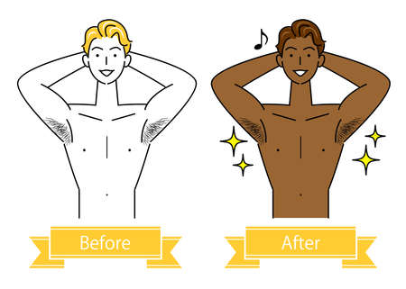Before and after body makeup on wheat-colored skin in tanning salon Cute male illustration Simple vector
Before and after body makeover for wheat-colored skin at a tanning salon. Clip art of cute guy. Simple illustration. vector.のイラスト素材