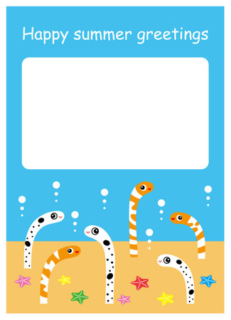 Illustration of a cute Spotted garden eel and western pond eel Summer Greeting Card Template Design Vector. Cute cartoon snake on the beach. Vector illustration for your designのイラスト素材