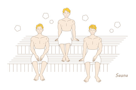 Three refreshing men who love sauna enjoying sauna in the sauna room. Totonou sauna men. Simple illustration Vector.のイラスト素材