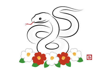 Illustration of auspicious snake coiled in a figure eight with camellia flowers. Stylish New Year's card material for the Year of the Snake in a sumi-e style. Vectorのイラスト素材
