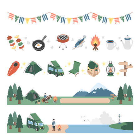Illustration collection with camping-related items arranged in a lineのイラスト素材