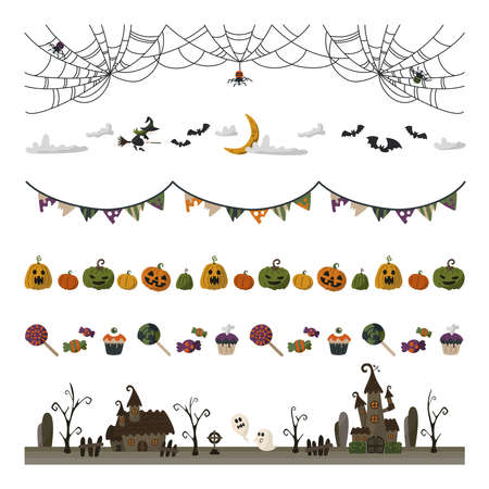 Items related to Halloween and the cityscape are arranged in a line to make it easier to use. The colorful color scheme prevents you from becoming too scared.のイラスト素材