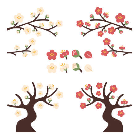 Plum tree and flower material illustration setのイラスト素材