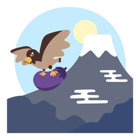 One Fuji, two hawks, three eggplants. The first dream in Japanese culture is auspicious.のイラスト素材