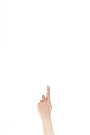 Pointing finger: Up on white isolated backgroundの写真素材