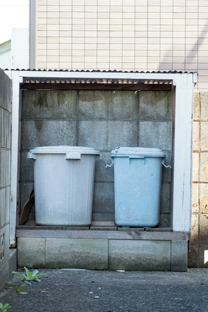 Japanese blue garbage cans, outdoorの写真素材