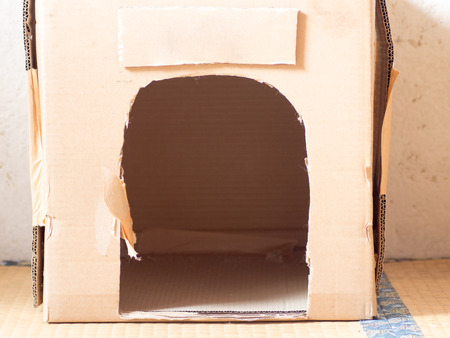 Handmade cardboard house for catsの写真素材