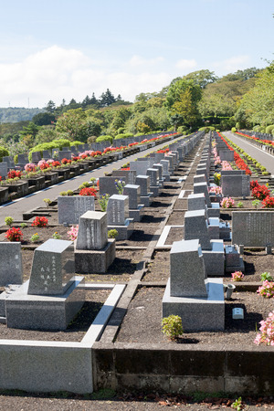 Landscape Japanese modern well maintained grave site with red and pink flowersのeditorial素材