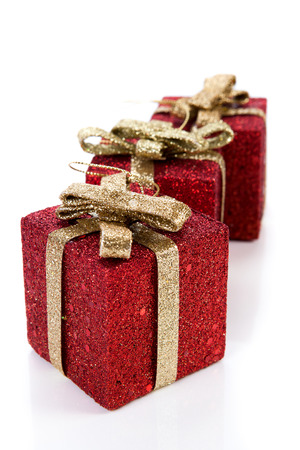 Artificial red gift boxes decoratedの写真素材