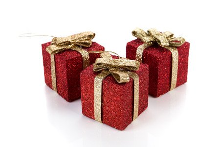 Artificial red gift boxes decoratedの写真素材