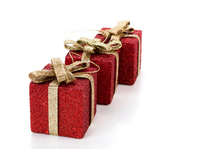 Artificial red gift boxes decoratedの写真素材