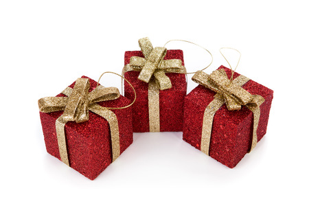 Artificial red gift boxes decoratedの写真素材