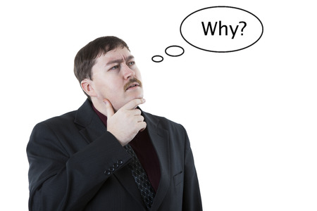 portrait of a man thinking question on a white backgroundの写真素材