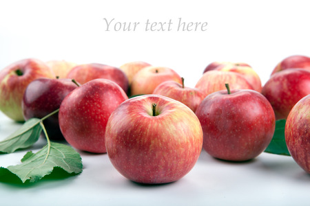 red apples and leafs on a white backgroundの写真素材