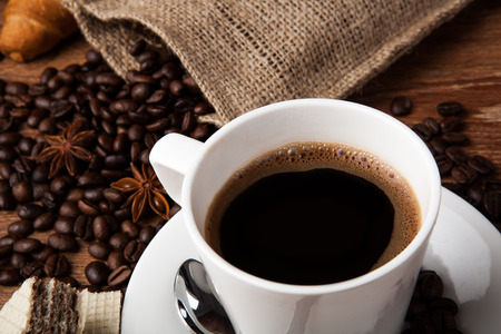 Coffee still life with cup of coffee with wood backgroundの写真素材