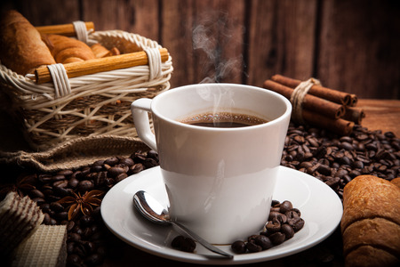 Coffee still life with cup of coffee with wood backgroundの写真素材
