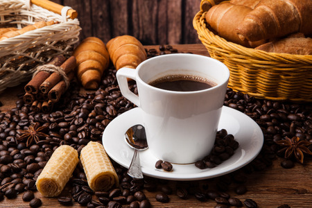 Coffee still life with cup of coffee with wood backgroundの写真素材