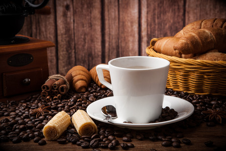 Coffee still life with cup of coffee with wood backgroundの写真素材