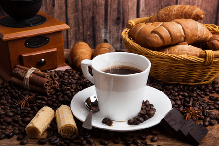 Coffee still life with cup of coffee with wood backgroundの写真素材