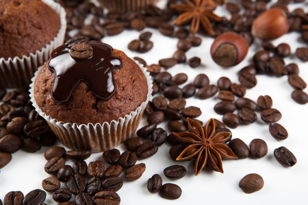 chocolate cake with coffee beans close upの写真素材
