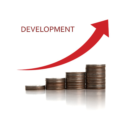 stack of coins in a row and chart on a white backgroundの写真素材