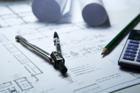 drawing on paper and tools close upの写真素材