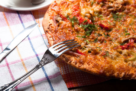 breakfast pizza and tea close upの写真素材