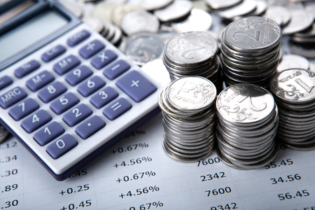 stacks of Russian rubles with calculator close upの写真素材