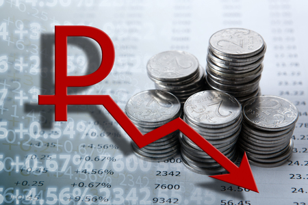 ruble coins and ruble symbol and digitsの写真素材