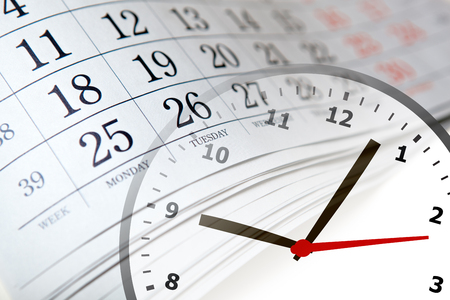 wall calendar calendar with the number of days and clock close upの写真素材