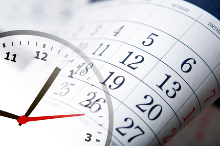 wall calendar calendar with the number of days and clock close upの写真素材