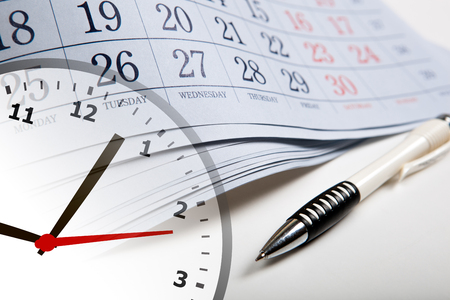 wall calendar calendar with the number of days and clock close upの写真素材