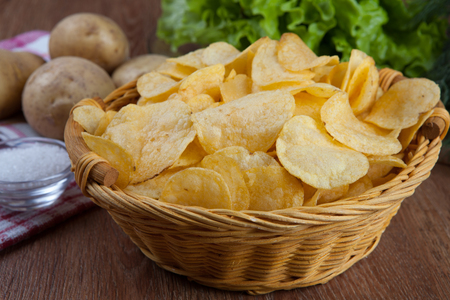 basket with potato chips and vegetablesの写真素材