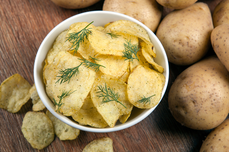 still life from a glass bowl with potato chips close upの写真素材