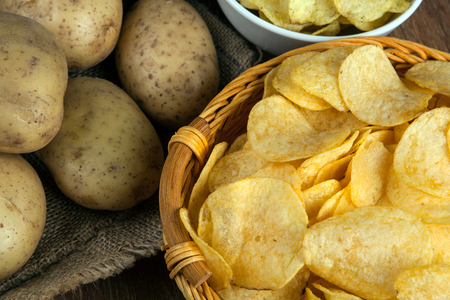 still life from a basket with potato chips close upの写真素材