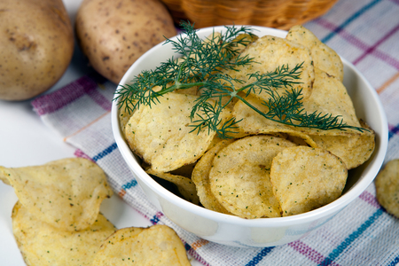 still life from a glass bowl with potato chips close upの写真素材