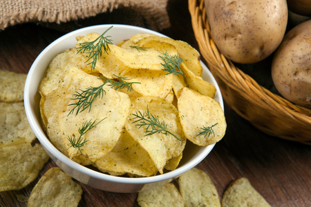 still life from a glass bowl with potato chips close upの写真素材