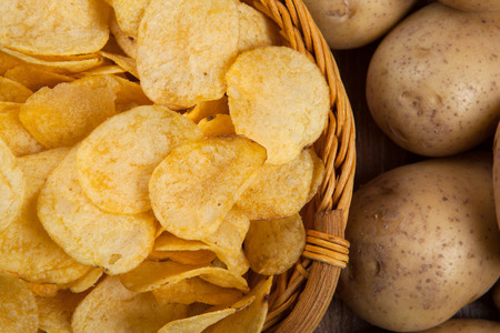 still life from a basket with potato chips close upの写真素材