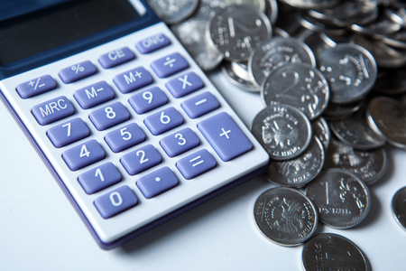 pile of Russian rubles with calculator close upの写真素材
