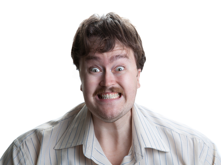 portrait of a man with an emotional expression on a white backgroundの写真素材