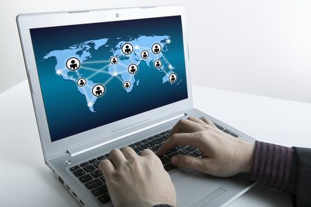 human fingers on the Tablet PC with networkの写真素材