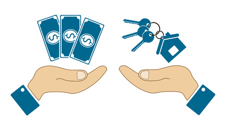 icons in the form of dollar bill and keys with human hands isolatedのイラスト素材