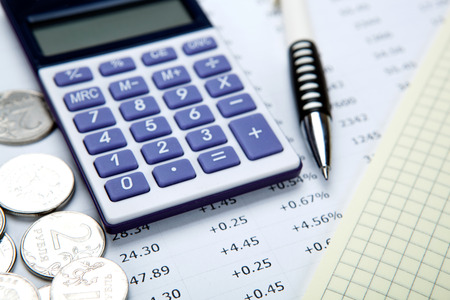 Russian rubles with calculator and a pen close upの写真素材