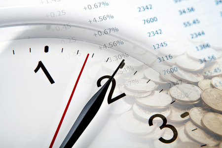 clock face and Russian ruble coins and digits closeupの写真素材