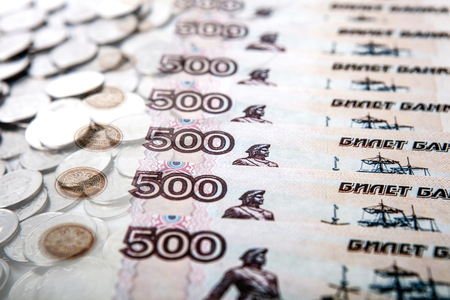 money ruble bills and ruble coins close upの写真素材